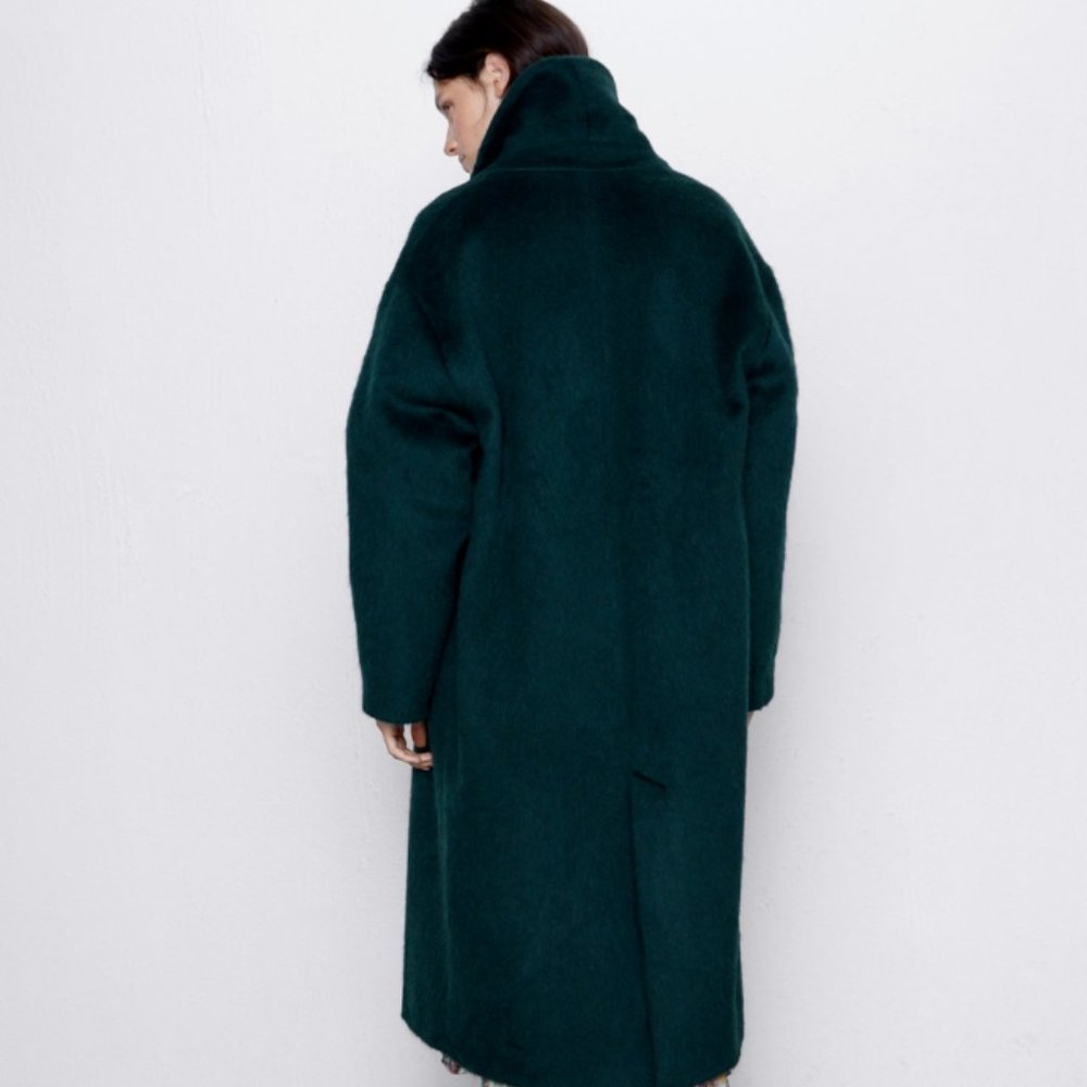 Zara Womens Green Long Coat Jacket Shawl Collar M - Picture 8 of 14